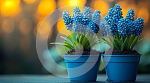 Two blue flower pots with blue flowers in them