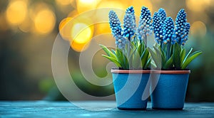 Two blue flower pots with blue flowers in them