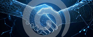 Two blue glowing hands entangled with neural connections, handshake, technology, business, trust concept. dark