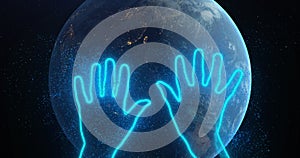 Two blue hands wave their palm in space among zoom in planet earth rotating, stars. Abstraction, 3d render, neon glowing