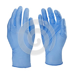 Two blue latex medical gloves isolated on white background with no hands