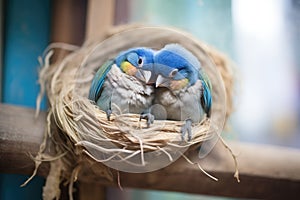 two blue lovebirds sharing a cozy nest