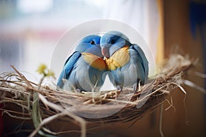 two blue lovebirds sharing a cozy nest