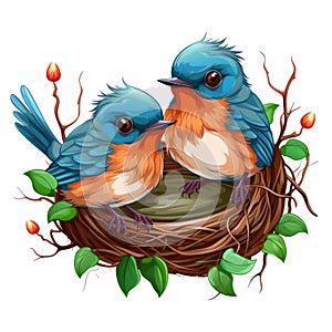 Two blue and orange birds sitting in a nest.