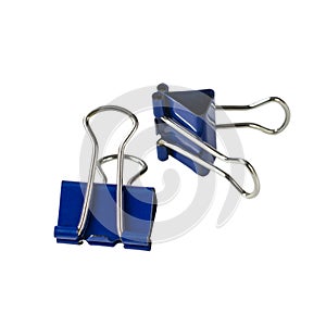 Two blue paper clip, Bulldog clip for office stationery, Isolated on white background