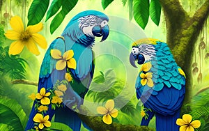 Two blue parrots on a tree with yellow orchid in the jungle.Generative Al Illustration