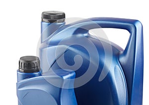 Two blue plastic canister for lubricants without label