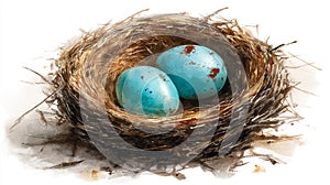 Two Blue Speckled Bird Eggs in a Brown Nest