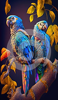 Two blue yellow ara parrots sitting on exotic twig in moody jungle with muted exotic plants and trees. Color harmony, AI