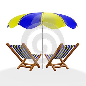 Two Blue Yellow Beach Loungers Under Parasol