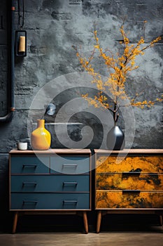 Two blue and yellow dressers in front of a wall, AI