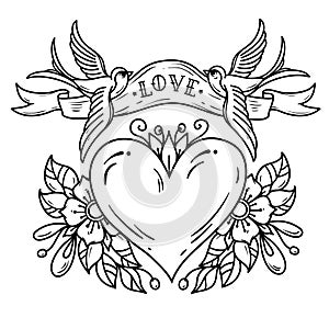 Two bluebirds carry ribbon with lettering LOVE over heart. Red heart decorated with flowers. Black and white tattoo