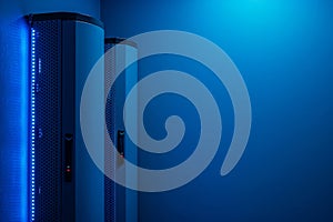 Two bluelit servers, small data box, cyber security concept, ample text space, background pure