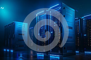 Two bluelit servers, small data box, cyber security concept, ample text space, background pure