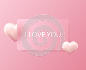 Two blurred hearts. Love. Valentines day. Glass transparent frame for text. Morphism. Vector illustration.