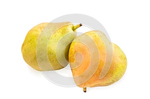 Two blushful ripe pears with spotty pear skin on white.