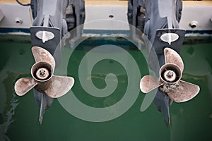 Two boat engine with propeller details shot