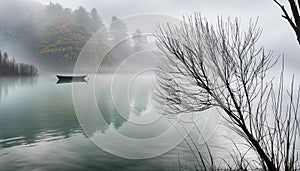 two boats floating in a misty river surrounded by tall trees