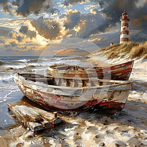Two boats gently resting on the sandy beach, the soft waves kissing their hulls under the warm sun