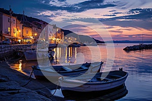 Two boats are seen peacefully docked in the calm water, with the sunlight reflecting off their surfaces, A quiet harbour town with