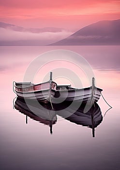 two boats sitting in the water on a calm lake