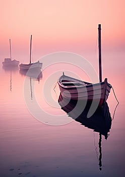 two boats sitting on the water in the fog