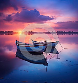 two boats sitting on the water at sunset