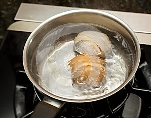 Two boiling eggs in stainless saucepan