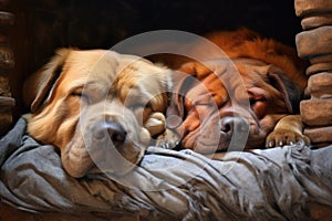 two bonded dogs of different breeds sleeping together