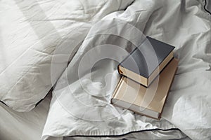 Two books gray and beige on a white bedding quilt and sunbeams