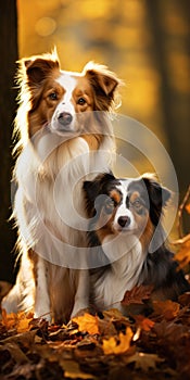 two border collie dogs in the autumn forest. Generative AI