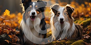 two border collie dogs in the autumn forest. Generative AI