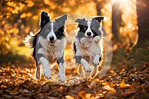 Two border collie dogs running on fallen leaves.