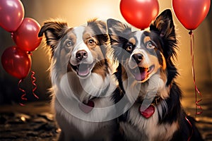 Two border collie dogs share a heart shaped balloon, showcasing affection