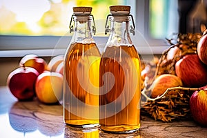 Two bottles of apple cider sit on a table next to a pile of apples