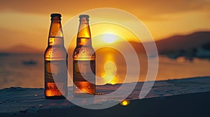 Two bottles of beer on a balcony ledge, soaking up the warm light of a sunset