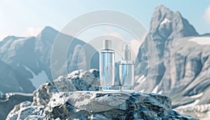 Two bottles of clear liquid are on a rock in front of a mountain by AI generated image