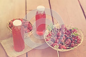 Two bottles of cold stewed fruit from assorted berries.