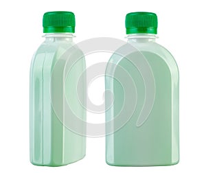 Two bottles of detergent in a plastic bottle without an inscription, isolated on a white background