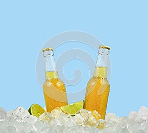Two bottles of lager beer on ice cubes