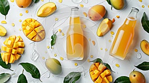 Two Bottles Of Mango Beer Amidst Slices of Mango On Clean Background With Green Leaves. AI Generated