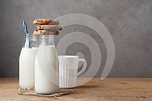 Two bottles of milk and chocolate chip cookies on dark background with copy space