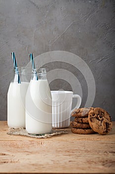 Two bottles of milk and chocolate chip cookies on dark background with copy space