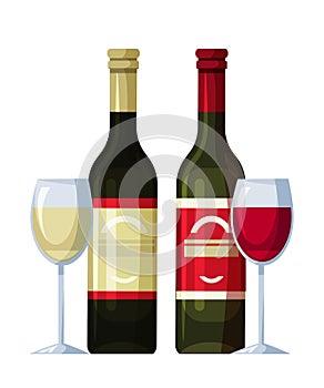 Two bottles of red and white wine and wineglasses