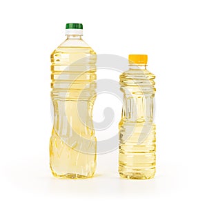 Two bottles of sunflower oil isolated on white background. Yellow sunflower or vegetable oil in a liter and half liter transparent