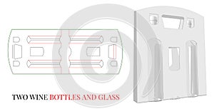 Wine Bag Template with die cut lines. Two Bottles Wine Box and Glass with Handle, Wine Box Illustration, Vector with Die Cut layer