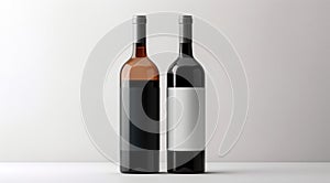 Two bottles of wine with empty label MOCK UP. Two realistic wine bottles in top view with blank labels. Red and white wine on a