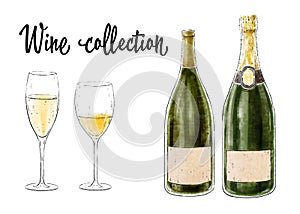 Two bottles of wine with two glasses isolated on white background. Wine collection. Vector illustration.