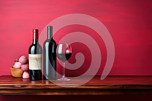 Two bottles of wine and two glasses of wine on a table. Generative AI image.