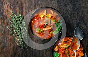 Two bowl of soup minestrone with seasonal vegetables. Italian food
